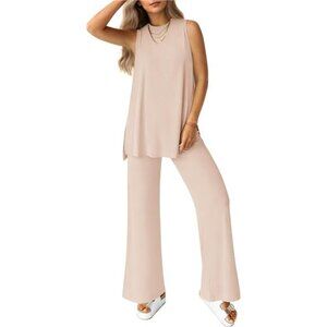 Women's 2 Beige Piece Lounge Set 2025 Summer Casual Loose Tank Top‎ Wide Pair